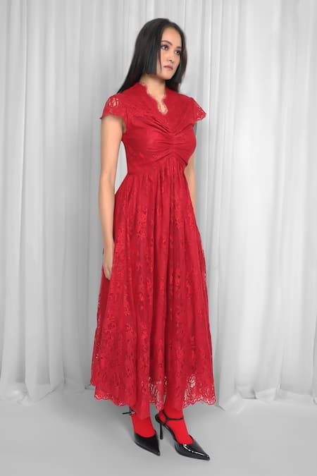 Shop_Leh Studios_Red Viscose Lace Scoop Neck Pleated Midi Dress _Online_at_Aza_Fashions