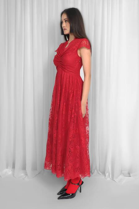 Leh Studios_Red Viscose Lace Scoop Neck Pleated Midi Dress _at_Aza_Fashions