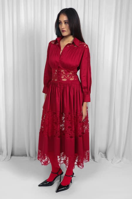 Leh Studios Red Cotton, Viscose Lace, Patchwork Collared Panelled Midi Dress Online at Aza Fashions Leh Studios_Red Cotton, Viscose Lace, Patchwork Collared Panelled Midi Dress _Online_at_Aza_Fashions