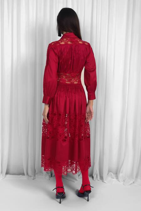 Shop Leh Studios Red Cotton, Viscose Lace, Patchwork Collared Panelled Midi Dress at Aza Fashions Shop_Leh Studios_Red Cotton, Viscose Lace, Patchwork Collared Panelled Midi Dress _at_Aza_Fashions