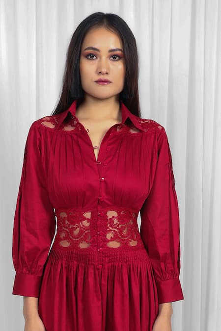 Buy Leh Studios Red Cotton, Viscose Lace, Patchwork Collared Panelled Midi Dress Online at Aza Fashions Buy_Leh Studios_Red Cotton, Viscose Lace, Patchwork Collared Panelled Midi Dress _Online_at_Aza_Fashions