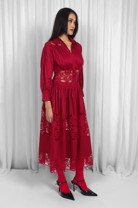 Shop Leh Studios Red Cotton, Viscose Lace, Patchwork Collared Panelled Midi Dress Online at Aza Fashions Shop_Leh Studios_Red Cotton, Viscose Lace, Patchwork Collared Panelled Midi Dress _Online_at_Aza_Fashions