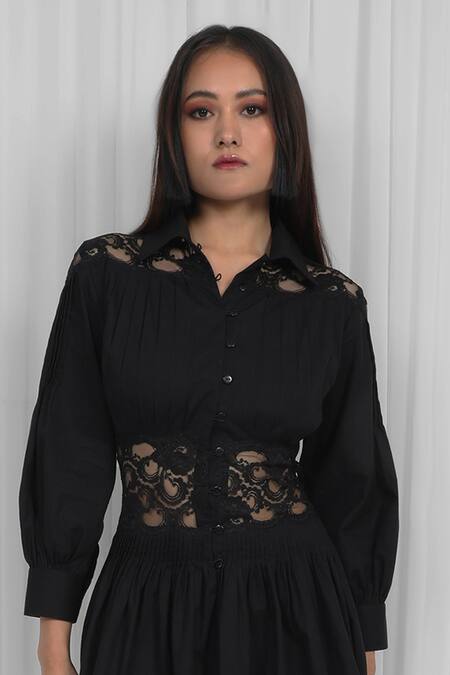 Leh Studios_Black Cotton, Viscose Lace, Patchwork Collared Panelled Mini Dress _Online_at_Aza_Fashions