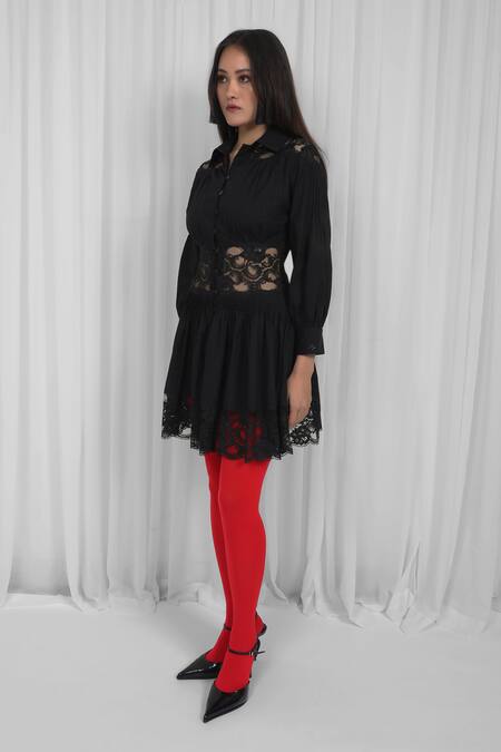 Buy_Leh Studios_Black Cotton, Viscose Lace, Patchwork Collared Panelled Mini Dress _Online_at_Aza_Fashions