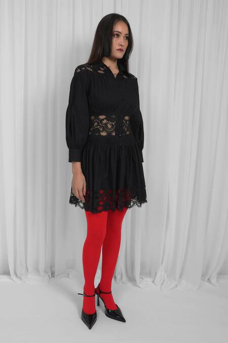 Shop_Leh Studios_Black Cotton, Viscose Lace, Patchwork Collared Panelled Mini Dress _Online_at_Aza_Fashions
