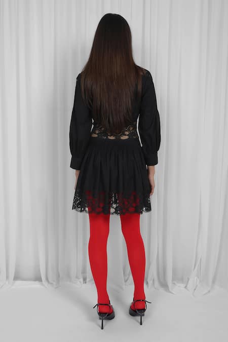 Shop_Leh Studios_Black Cotton, Viscose Lace, Patchwork Collared Panelled Mini Dress _at_Aza_Fashions