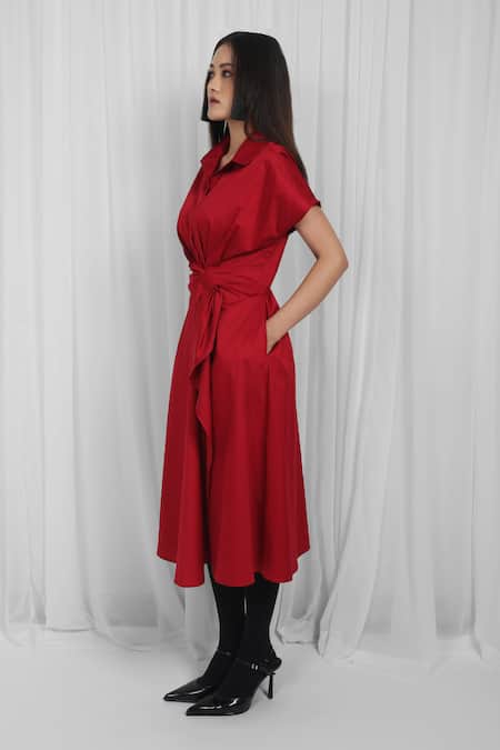 Buy Leh Studios Red Cotton Collared Asymmetric Wrap Dress Online at Aza Fashions Buy_Leh Studios_Red Cotton Collared Asymmetric Wrap Dress _Online_at_Aza_Fashions