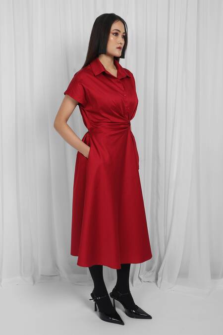Shop Leh Studios Red Cotton Collared Asymmetric Wrap Dress Online at Aza Fashions Shop_Leh Studios_Red Cotton Collared Asymmetric Wrap Dress _Online_at_Aza_Fashions