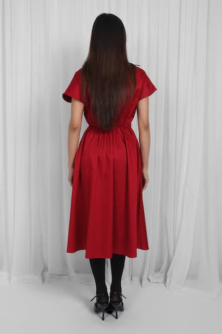 Leh Studios Red Cotton Collared Asymmetric Wrap Dress Online at Aza Fashions Leh Studios_Red Cotton Collared Asymmetric Wrap Dress _Online_at_Aza_Fashions