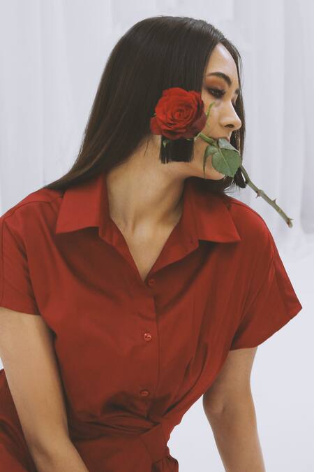 Leh Studios Red Cotton Collared Asymmetric Wrap Dress at Aza Fashions Leh Studios_Red Cotton Collared Asymmetric Wrap Dress _at_Aza_Fashions