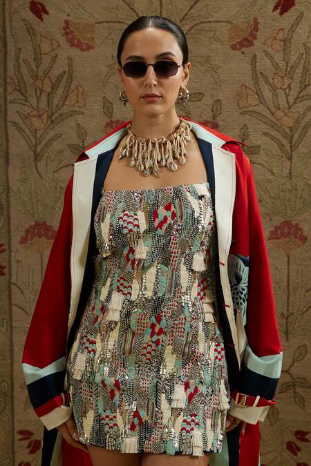 Sva By Sonam & Paras Modi_Multi Color Silk Sequins, Beads, Fringe Multicolored And Embellished Dress_at_Aza_Fashions