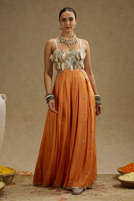 Sva By Sonam & Paras Modi_Orange Silk Sequins, Beads, Fringe Sweetheart Neck Embellished Jumpsuit_Online_at_Aza_Fashions