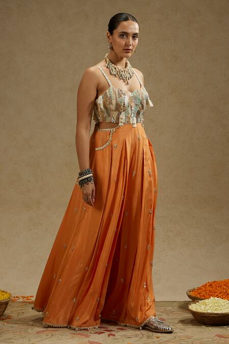 Buy_Sva By Sonam & Paras Modi_Orange Silk Sequins, Beads, Fringe Sweetheart Neck Embellished Jumpsuit_Online_at_Aza_Fashions