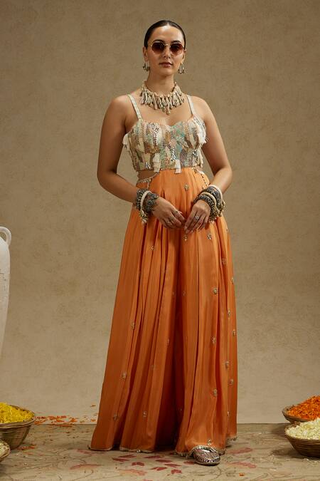 Sva By Sonam & Paras Modi_Orange Silk Sequins, Beads, Fringe Sweetheart Neck Embellished Jumpsuit_at_Aza_Fashions