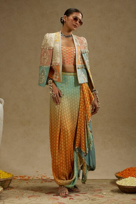 Sva By Sonam & Paras Modi_Orange Crepe Pearls, Beads, Cut Work Cutdana Embellished Jacket And Skirt Set_Online_at_Aza_Fashions