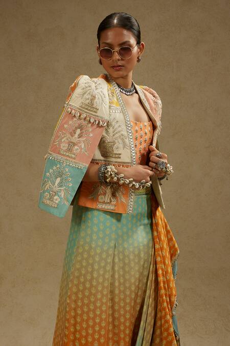 Buy_Sva By Sonam & Paras Modi_Orange Crepe Pearls, Beads, Cut Work Cutdana Embellished Jacket And Skirt Set_Online_at_Aza_Fashions