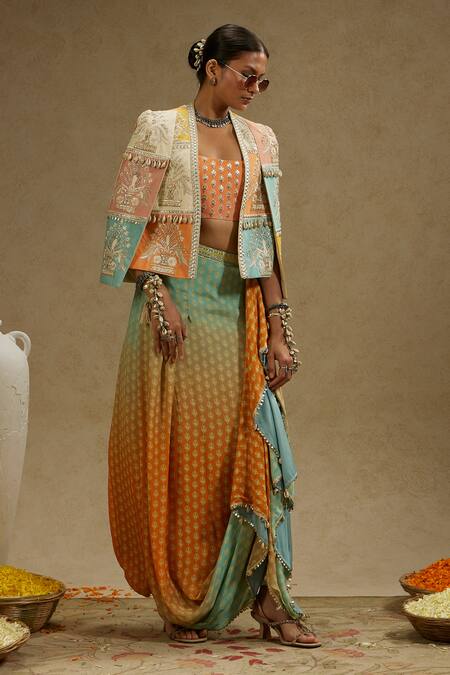Sva By Sonam & Paras Modi_Orange Crepe Pearls, Beads, Cut Work Cutdana Embellished Jacket And Skirt Set_at_Aza_Fashions