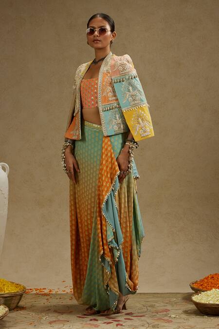 Buy_Sva By Sonam & Paras Modi_Orange Crepe Pearls, Beads, Cut Work Cutdana Embellished Jacket And Skirt Set