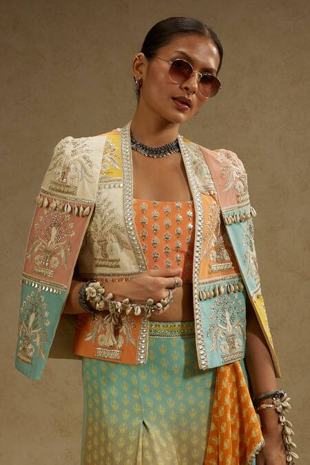 Shop_Sva By Sonam & Paras Modi_Orange Crepe Pearls, Beads, Cut Work Cutdana Embellished Jacket And Skirt Set