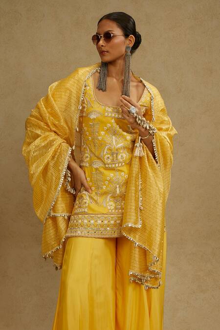 Sva By Sonam & Paras Modi_Yellow Silk Cut Work, Beads, Embroidery Round Neck Dandelion Tunic Sharara Set_Online_at_Aza_Fashions