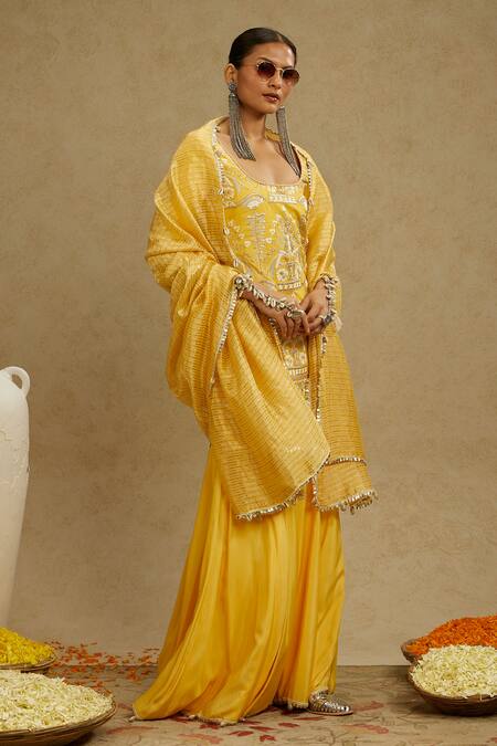 Buy_Sva By Sonam & Paras Modi_Yellow Silk Cut Work, Beads, Embroidery Round Neck Dandelion Tunic Sharara Set_Online_at_Aza_Fashions