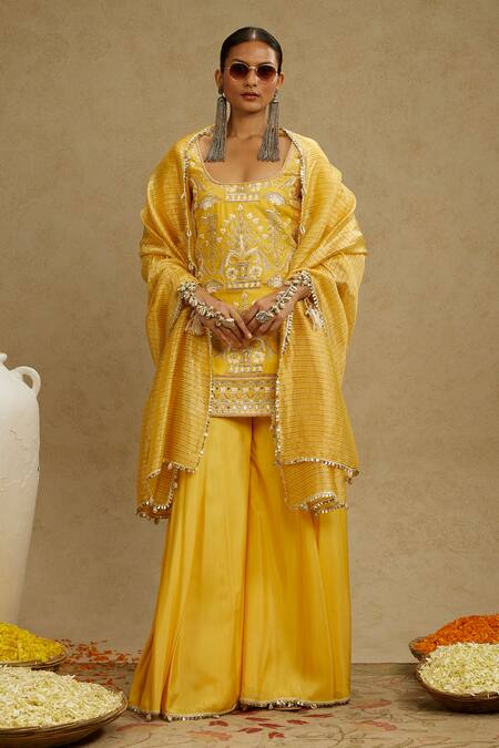 Shop_Sva By Sonam & Paras Modi_Yellow Silk Cut Work, Beads, Embroidery Round Neck Dandelion Tunic Sharara Set_Online_at_Aza_Fashions