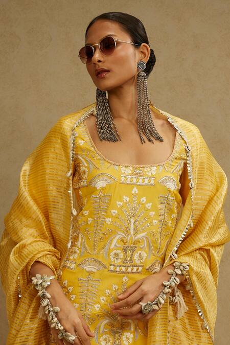 Sva By Sonam & Paras Modi_Yellow Silk Cut Work, Beads, Embroidery Round Neck Dandelion Tunic Sharara Set_at_Aza_Fashions