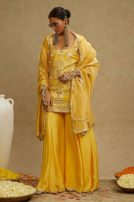 Buy_Sva By Sonam & Paras Modi_Yellow Silk Cut Work, Beads, Embroidery Round Neck Dandelion Tunic Sharara Set
