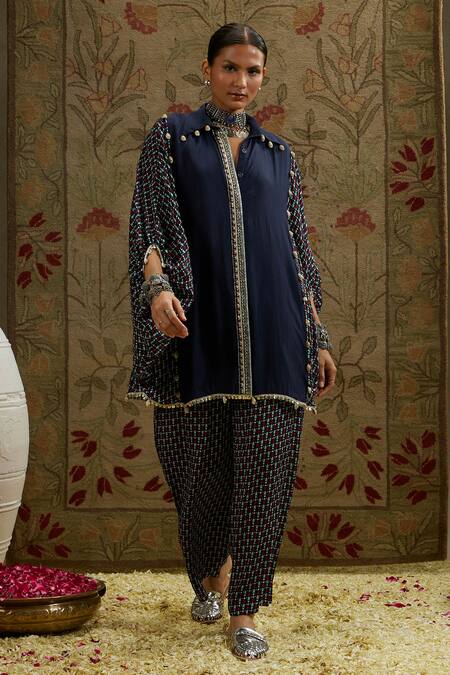 Sva By Sonam & Paras Modi Blue Crepe Beads Collared Embellished Kurta Set With Printed Pant Online at Aza Fashions Sva By Sonam & Paras Modi_Blue Crepe Beads Collared Embellished Kurta Set With Printed Pant_Online_at_Aza_Fashions