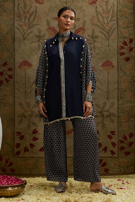 SVA by Sonam & Paras Modi Embellished Blue Kurta Set With Printed Pant 