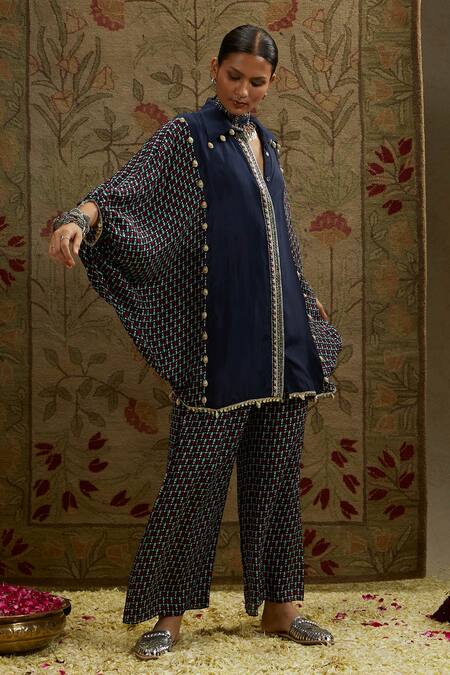 Buy Sva By Sonam & Paras Modi Blue Crepe Beads Collared Embellished Kurta Set With Printed Pant Online at Aza Fashions Buy_Sva By Sonam & Paras Modi_Blue Crepe Beads Collared Embellished Kurta Set With Printed Pant_Online_at_Aza_Fashions