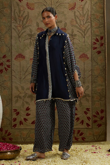 Sva By Sonam & Paras Modi Blue Crepe Beads Collared Embellished Kurta Set With Printed Pant at Aza Fashions Sva By Sonam & Paras Modi_Blue Crepe Beads Collared Embellished Kurta Set With Printed Pant_at_Aza_Fashions