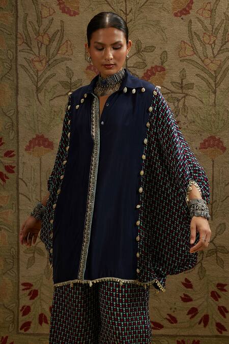 Buy Sva By Sonam & Paras Modi Blue Crepe Beads Collared Embellished Kurta Set With Printed Pant Buy_Sva By Sonam & Paras Modi_Blue Crepe Beads Collared Embellished Kurta Set With Printed Pant