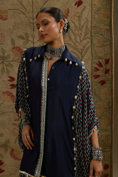 Shop Sva By Sonam & Paras Modi Blue Crepe Beads Collared Embellished Kurta Set With Printed Pant Shop_Sva By Sonam & Paras Modi_Blue Crepe Beads Collared Embellished Kurta Set With Printed Pant