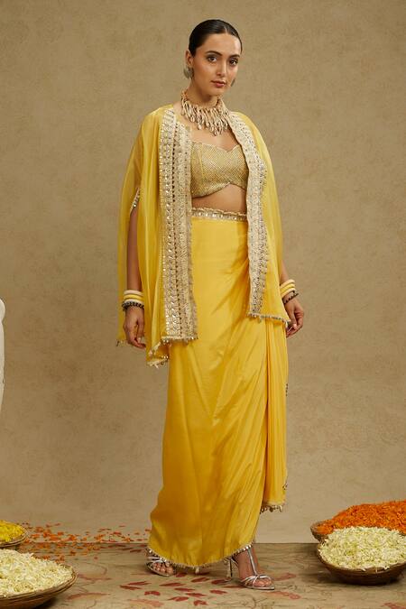 Sva By Sonam & Paras Modi_Yellow Silk, Organza Beads, Embroidery Sweetheart Neck Cape Draped Skirt Set_Online_at_Aza_Fashions