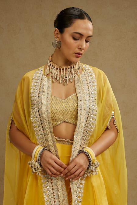 Buy_Sva By Sonam & Paras Modi_Yellow Silk, Organza Beads, Embroidery Sweetheart Neck Cape Draped Skirt Set_Online_at_Aza_Fashions