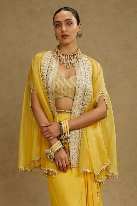 Sva By Sonam & Paras Modi_Yellow Silk, Organza Beads, Embroidery Sweetheart Neck Cape Draped Skirt Set_at_Aza_Fashions