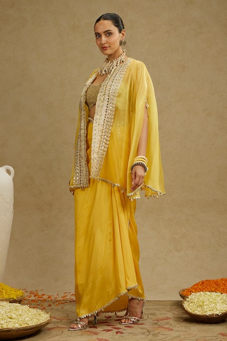 Buy_Sva By Sonam & Paras Modi_Yellow Silk, Organza Beads, Embroidery Sweetheart Neck Cape Draped Skirt Set