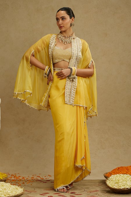 Shop_Sva By Sonam & Paras Modi_Yellow Silk, Organza Beads, Embroidery Sweetheart Neck Cape Draped Skirt Set