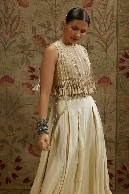 Buy_Sva By Sonam & Paras Modi_Ivory Silk Beads, Tassels Round Neck Embellished Crop Top And Flared Pant_Online_at_Aza_Fashions