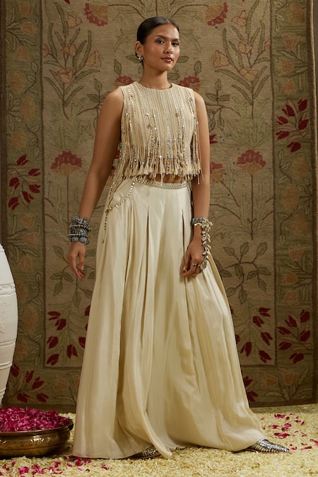 SVA by Sonam & Paras Modi Embellished Tasseled Crop Top & Flared Pant 