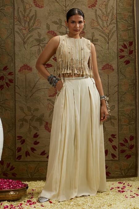 Buy_Sva By Sonam & Paras Modi_Ivory Silk Beads, Tassels Round Neck Embellished Crop Top And Flared Pant
