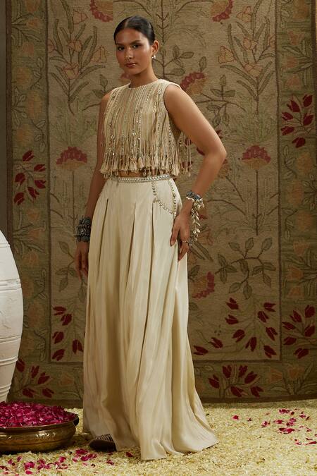 Shop_Sva By Sonam & Paras Modi_Ivory Silk Beads, Tassels Round Neck Embellished Crop Top And Flared Pant