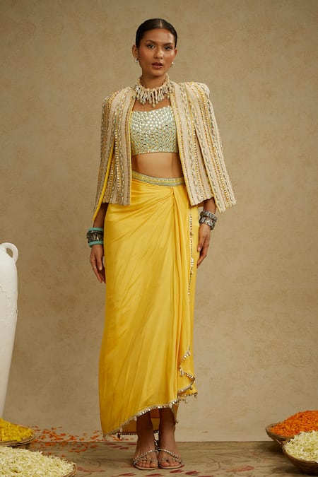 Sva By Sonam & Paras Modi_Yellow Silk Sequins, Beads Square Neck, Embellished Jacket And Draped Skirt Set_Online_at_Aza_Fashions