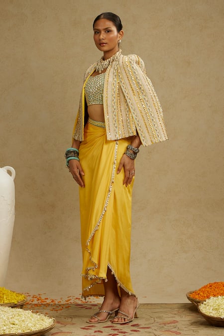 Buy_Sva By Sonam & Paras Modi_Yellow Silk Sequins, Beads Square Neck, Embellished Jacket And Draped Skirt Set_Online_at_Aza_Fashions