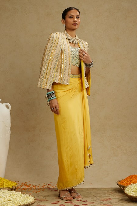 Sva By Sonam & Paras Modi_Yellow Silk Sequins, Beads Square Neck, Embellished Jacket And Draped Skirt Set_at_Aza_Fashions