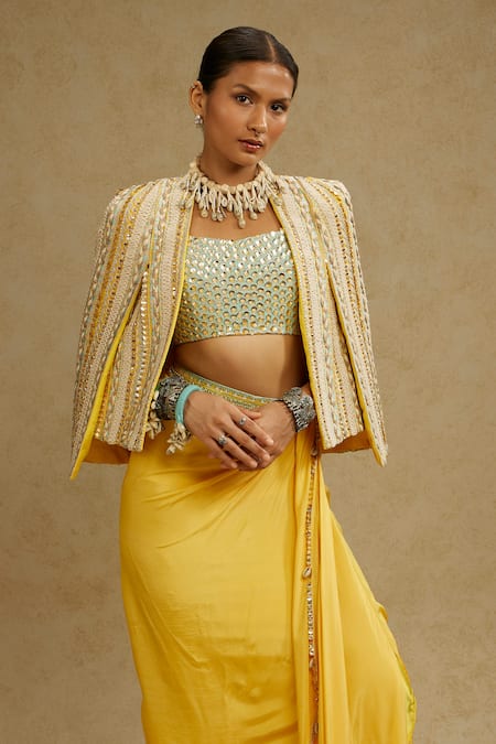 Buy_Sva By Sonam & Paras Modi_Yellow Silk Sequins, Beads Square Neck, Embellished Jacket And Draped Skirt Set