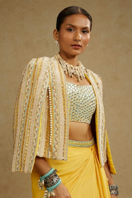 Shop_Sva By Sonam & Paras Modi_Yellow Silk Sequins, Beads Square Neck, Embellished Jacket And Draped Skirt Set