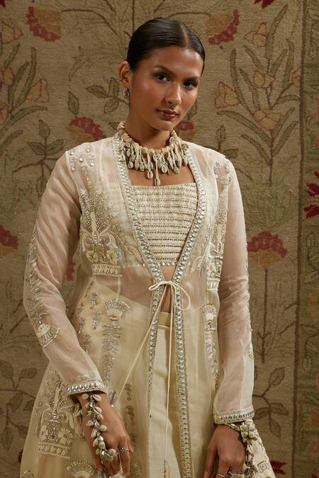 Sva By Sonam & Paras Modi_Cream Silk, Organza Beads, Embroidery Round , Open Jacket Lehenga Set_Online_at_Aza_Fashions