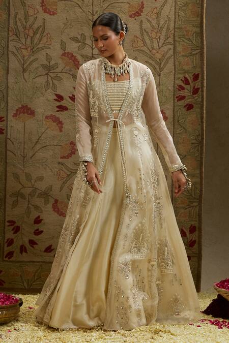 Buy_Sva By Sonam & Paras Modi_Cream Silk, Organza Beads, Embroidery Round , Open Jacket Lehenga Set_Online_at_Aza_Fashions